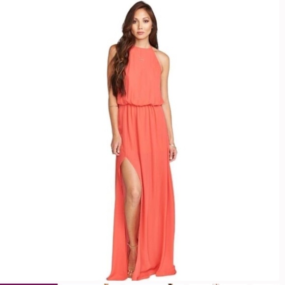 Show Me Your Mumu Halter Maxi Dress Coral Orange Large Slit Sheer Lined - Picture 1 of 14